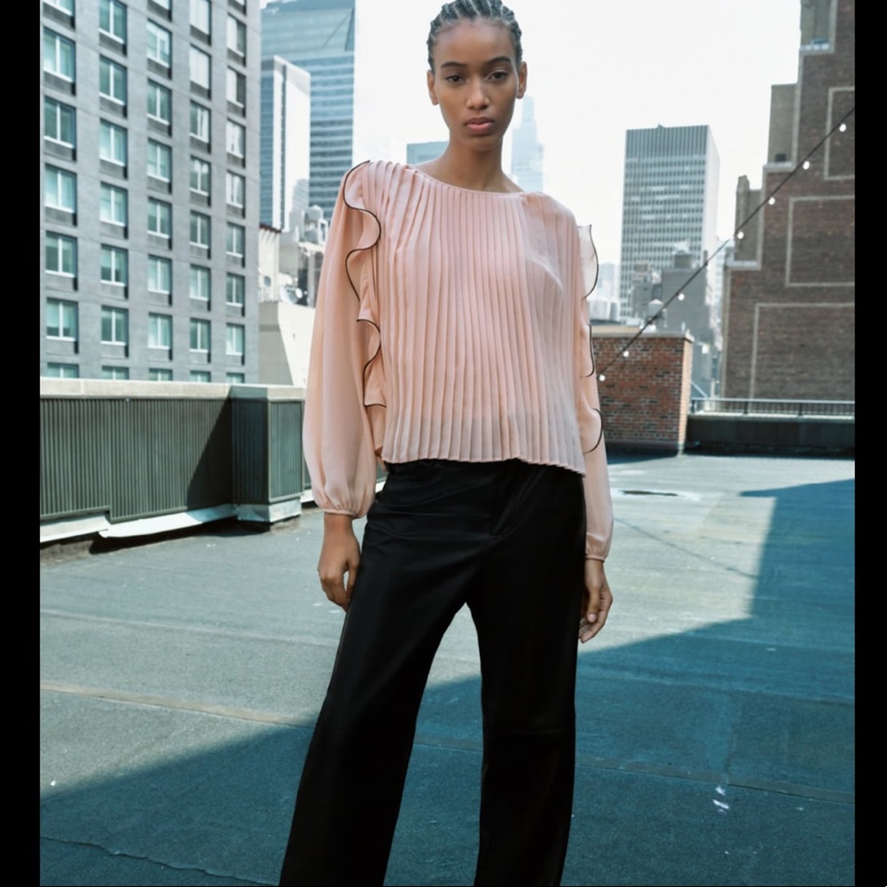 Zara flowy ruffled pleated blouse, blush